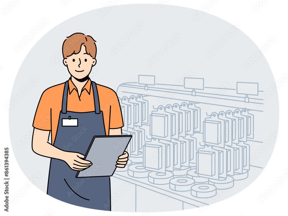 Male employee in uniform working in building hypermarket. Smiling man consultant standing near shelf in supermarket. Occupation concept. Vector illustration. Male employee in uniform working in building hypermarket. Smiling man consultant standing near shelf in supermarket. Occupation concept. Vector illustration.