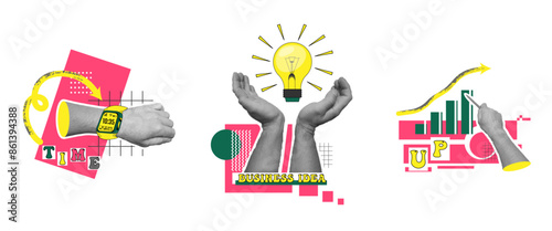 Collage design for business, web design, and programming. Hands with a clock, a light bulb, and a pen showing a growth graph. Vector illustration.