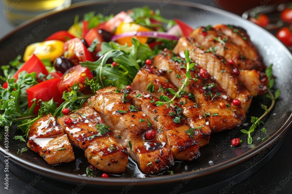 A deliciously grilled meat served with fresh salad, featuring colorful vegetables, on a black plate that highlights the vibrant colors.This is a beautifully captured dish. A deliciously grilled meat served with fresh salad, featuring colorful vegetables, on a black plate that highlights the vibrant colors.This is a beautifully captured dish.