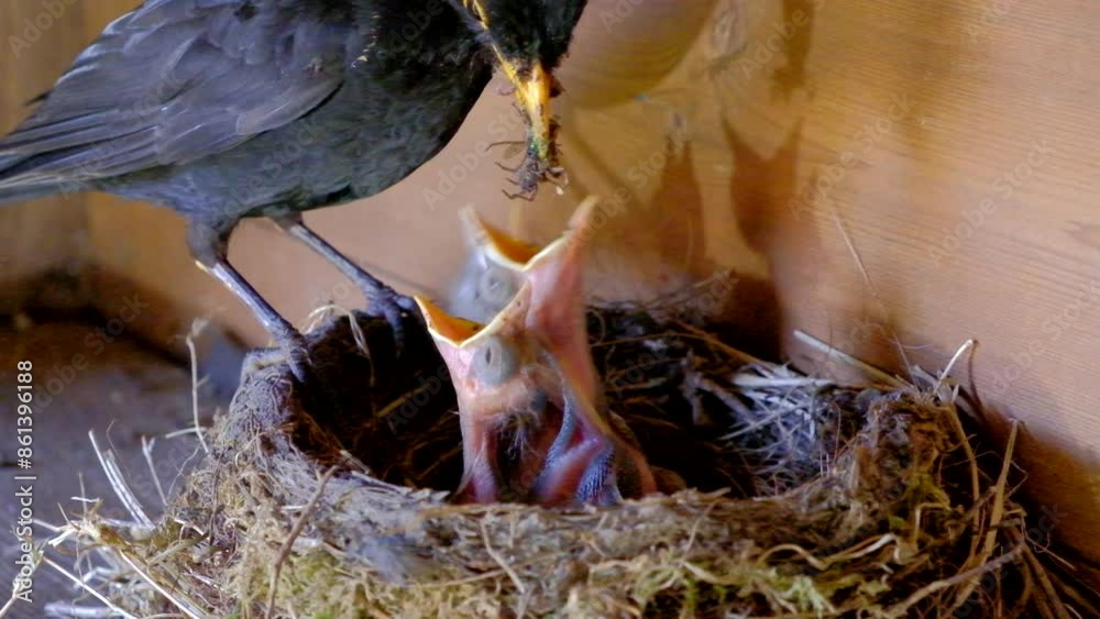 Blackbird birds nest. Chicks in the nest, feeding. Blackbird birds nest. Chicks in the nest, feeding.