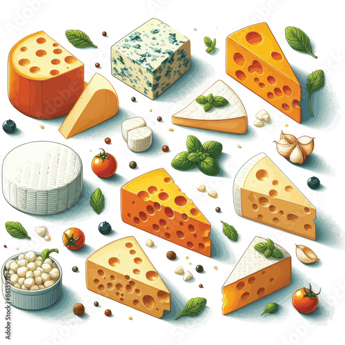 Attractive vector illustration of a collection of different pieces of cheese on a white background