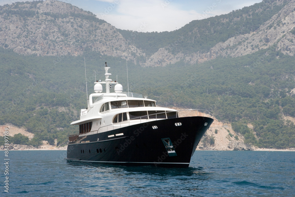 Luxury yacht. Motorboat at Mediterranean Sea. Coast of Turkey. Luxury life. Luxury yacht. Motorboat at Mediterranean Sea. Coast of Turkey. Luxury life.
