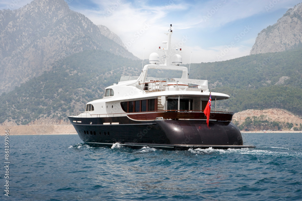 Luxury yacht. Motorboat at Mediterranean Sea. Coast of Turkey. Luxury life. Luxury yacht. Motorboat at Mediterranean Sea. Coast of Turkey. Luxury life.