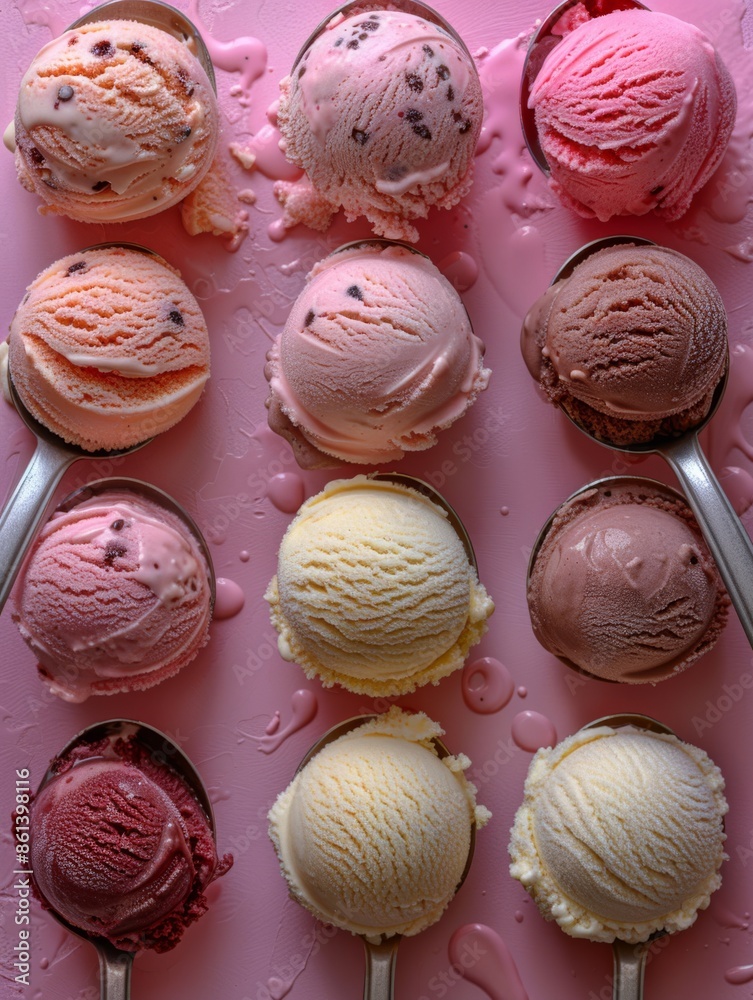 Variety of Ice Cream Scoops in Spoon, Top View Flat Lay Variety of Ice Cream Scoops in Spoon, Top View Flat Lay