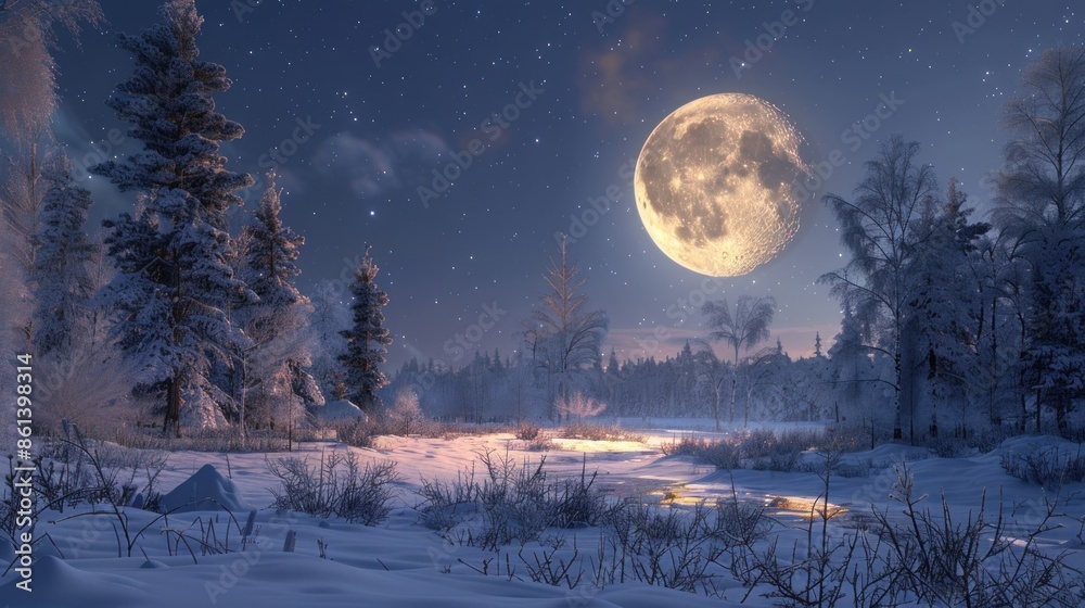 Full moon over snowy winter forest landscape at night. Full moon over snowy winter forest landscape at night.