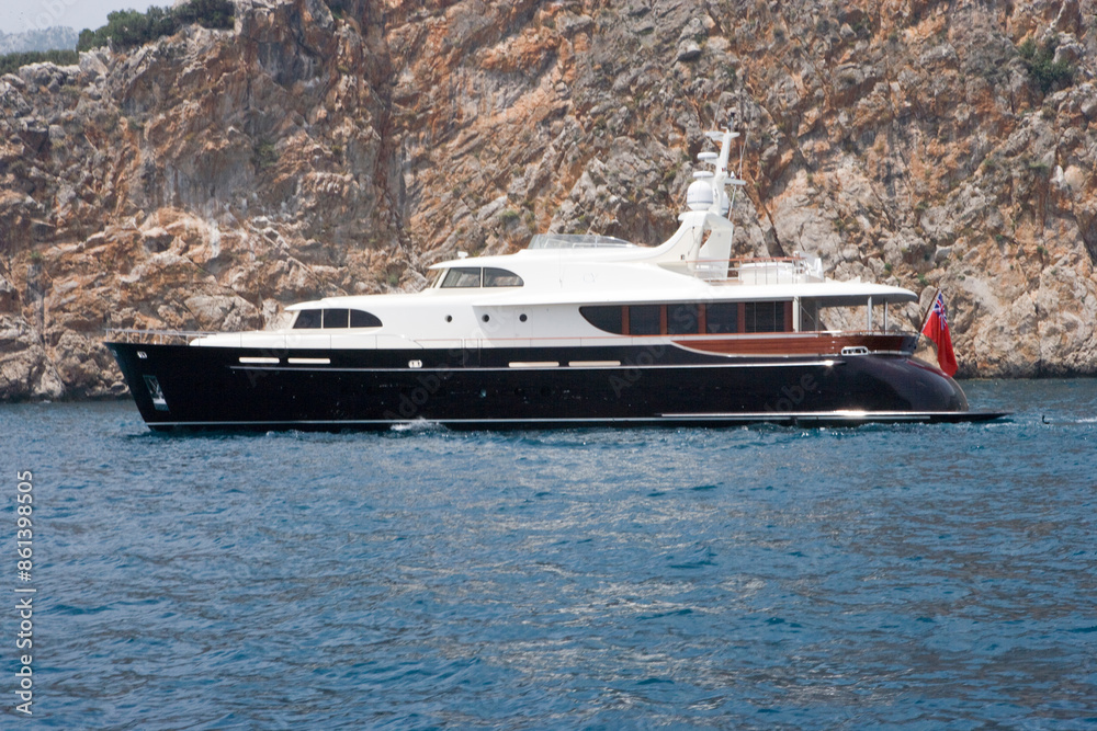 Luxury yacht. Motorboat at Mediterranean Sea. Coast of Turkey. Luxury life. Luxury yacht. Motorboat at Mediterranean Sea. Coast of Turkey. Luxury life.