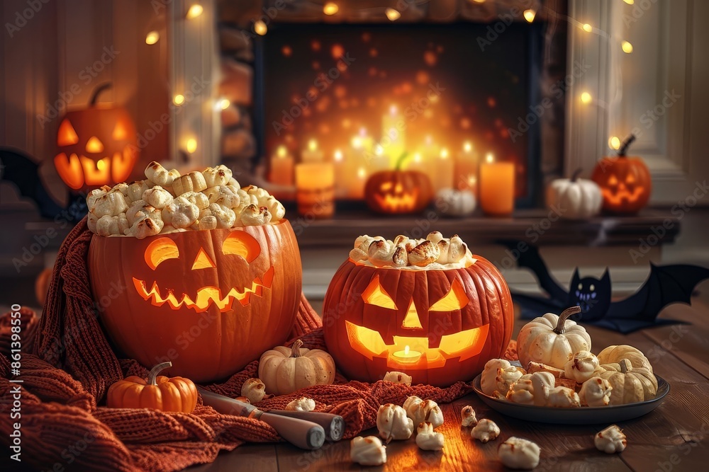 Cozy Halloween scene with illuminated jack-o'-lanterns filled with popcorn near a fireplace and candles, creating a festive autumn atmosphere. Cozy Halloween scene with illuminated jack-o'-lanterns filled with popcorn near a fireplace and candles, creating a festive autumn atmosphere.