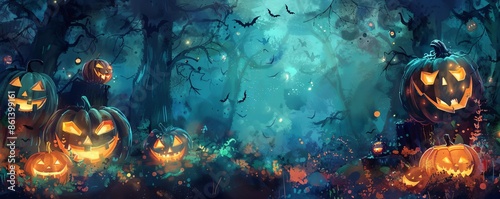 Eerie Halloween night scene with illuminated pumpkins in a dark, misty forest, creating a spooky and enchanting atmosphere. © Samon