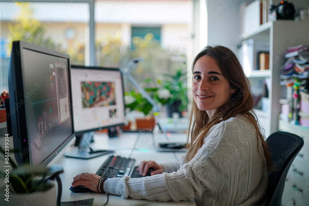 A young woman with brown hair, wearing a sweater, working on a computer in a bright, modern home office setting with multiple screens and a pleasant outdoor view. A young woman with brown hair, wearing a sweater, working on a computer in a bright, modern home office setting with multiple screens and a pleasant outdoor view.
