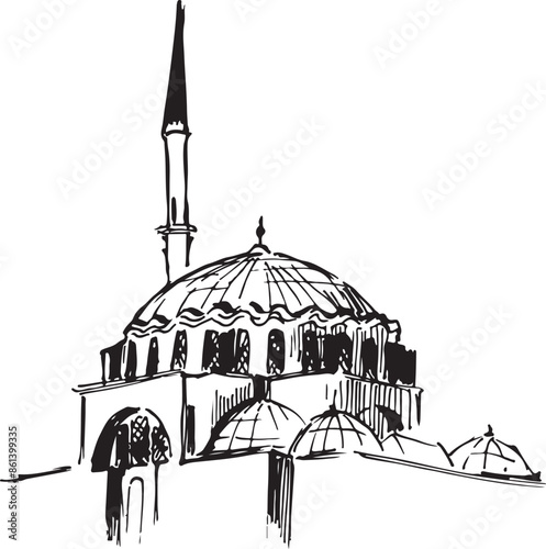 Rustem Pasha Mosque in Turkey ink sketch. Ottoman mosque. Religion tourist attraction black and white vector drawing. Simple sketchy style. Turkish famous landmarks line illustration. 