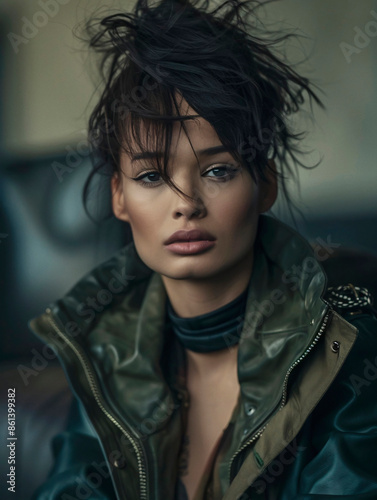 A stylish woman with messy hair, wearing a fashionable outfit, posing in an outdoor setting, with a confident and intense expression, capturing a raw and edgy vibe.