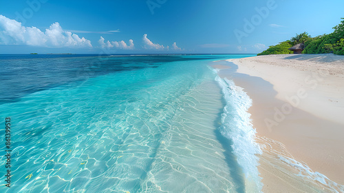 Beautiful sandy beach with white sand and rolling calm wave of turquoise ocean on Sunny day on background white clouds in blue sky. Island in Maldives, colorful perfect panoramic natural landscape