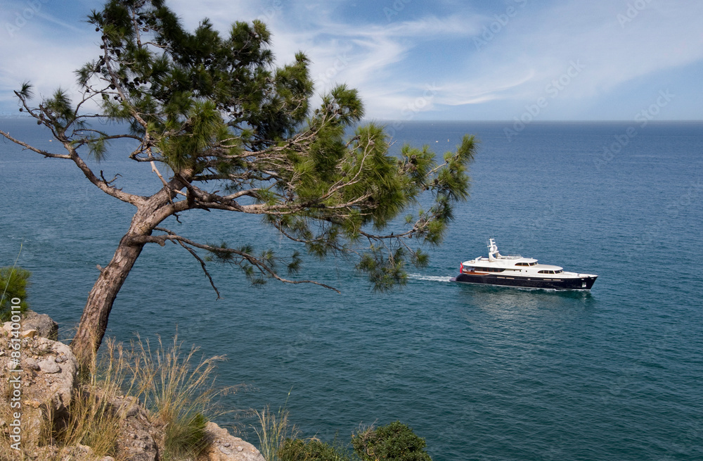 Luxury yacht. Motorboat at Mediterranean Sea. Coast of Turkey. Luxury life. Luxury yacht. Motorboat at Mediterranean Sea. Coast of Turkey. Luxury life.