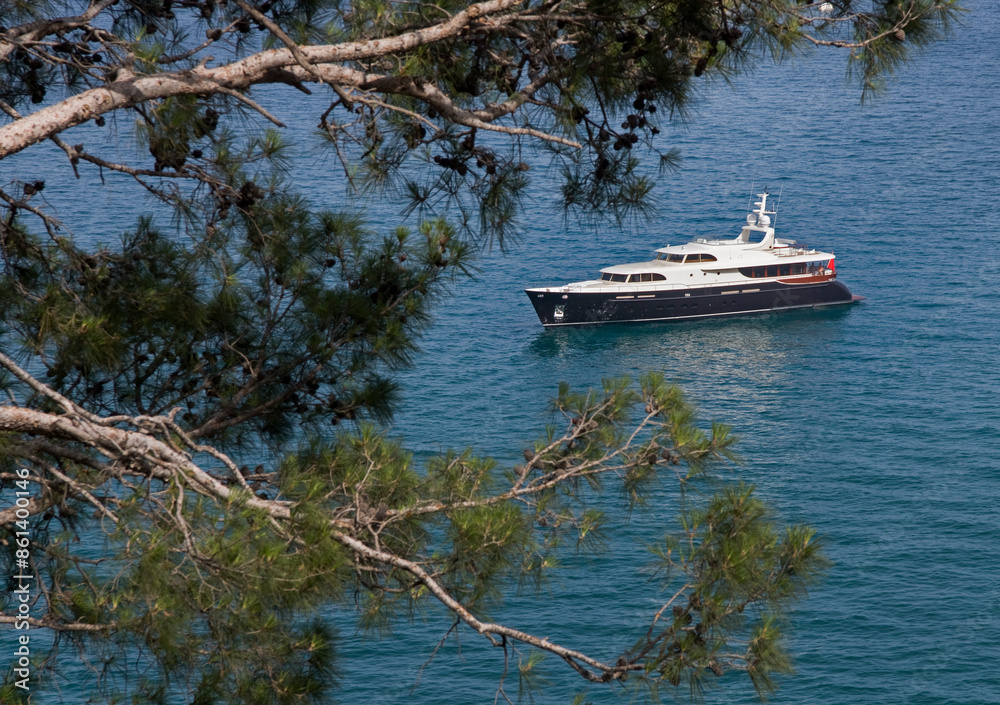 Luxury yacht. Motorboat at Mediterranean Sea. Coast of Turkey. Luxury life. Luxury yacht. Motorboat at Mediterranean Sea. Coast of Turkey. Luxury life.