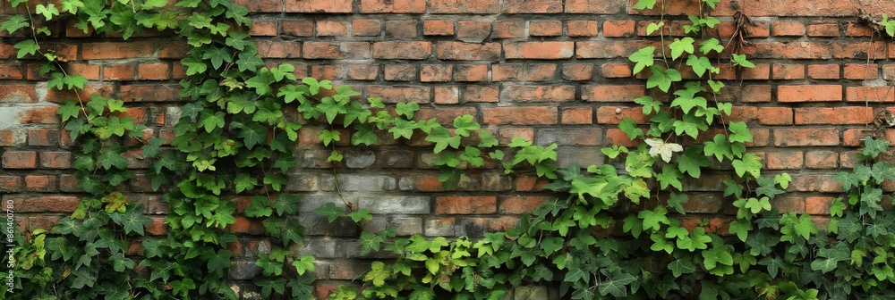 A rustic brick wall adorned with creeping ivy vines, showcasing the natural blend of man-made structures with greenery over time. A rustic brick wall adorned with creeping ivy vines, showcasing the natural blend of man-made structures with greenery over time.