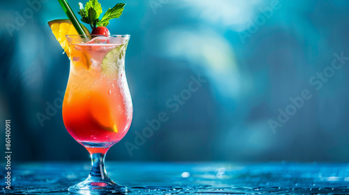 Hurricane cocktail vibrant colors. blurred background. Studio Shot: Hurricane Cocktail in Signature Glass