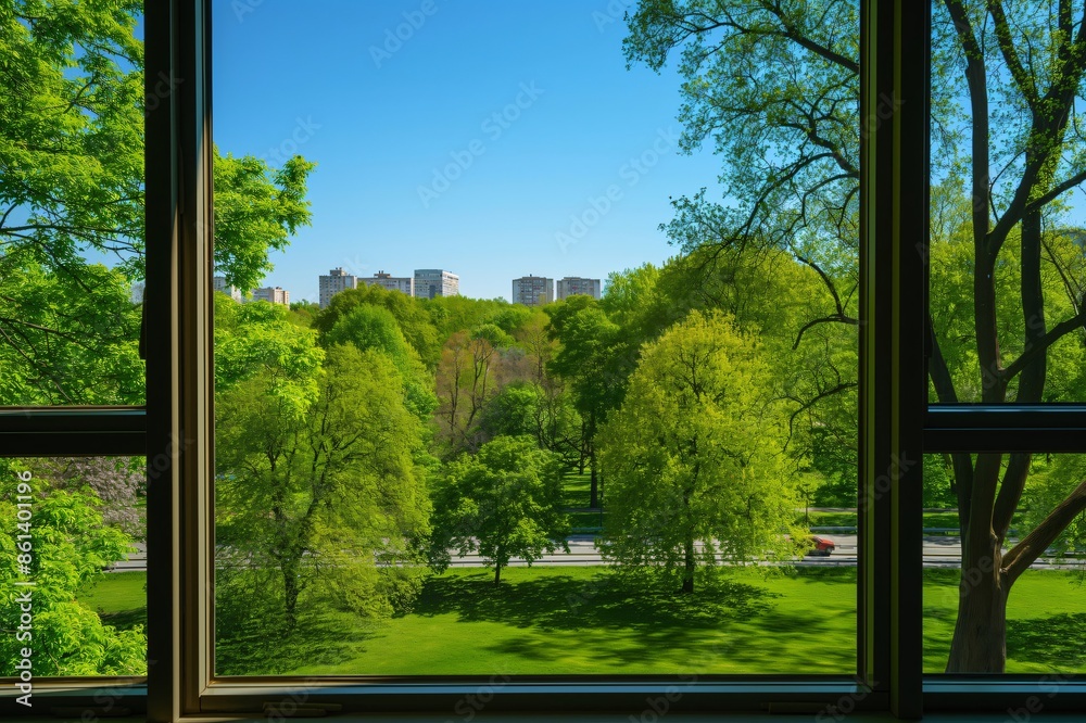 Obraz premium Open window is framing a view of a lush green park with trees and grass on a sunny day