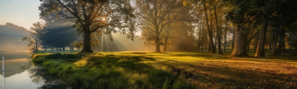 mist fog drifting in forest park beside river with sunlit, beautiful scenery of spring and summer season nature landscape background whimsical ethereal mood mist fog drifting in forest park beside river with sunlit, beautiful scenery of spring and summer season nature landscape background whimsical ethereal mood