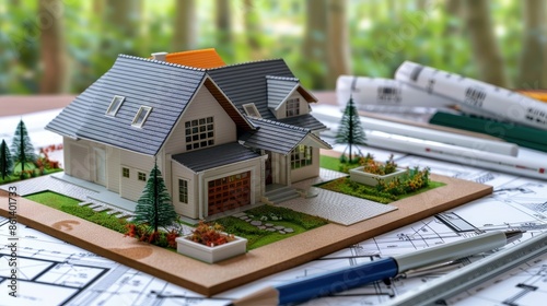 A detailed architectural model of a house with surrounding landscape, showcasing design elements and plans, placed on a desk with blueprints and architectural tools, representing creativity and preci photo