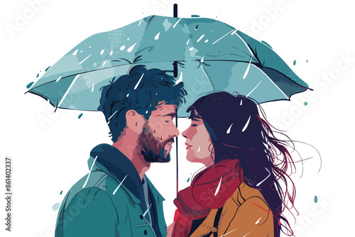 couple under rain close-up isolated vector style