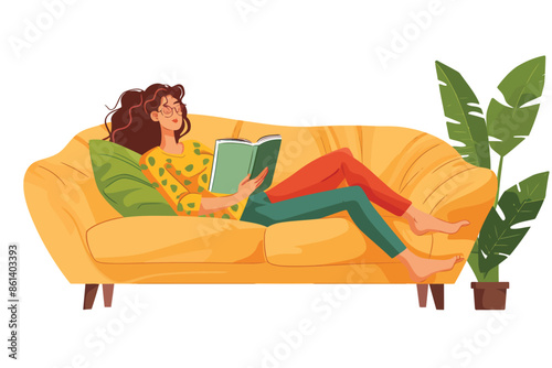 woman with book in pajamas relaxes on a sofa isolated vector style