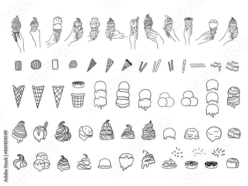 Ice cream constructor in doodle style. Prefabricated ice cream with various toppings, scoops and triple scoops ice cream. Hands holding ice cream in waffle cone. Waffle cones for ice cream
