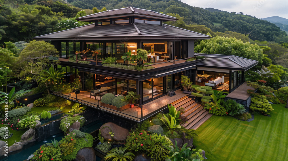 Obraz premium Modern multi-level home surrounded by lush garden and greenery in a mountainous area during early evening