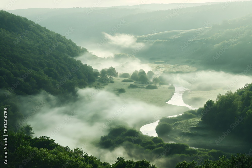 Scenic landscape of a winding river flowing through a green valley covered with morning fog Scenic landscape of a winding river flowing through a green valley covered with morning fog
