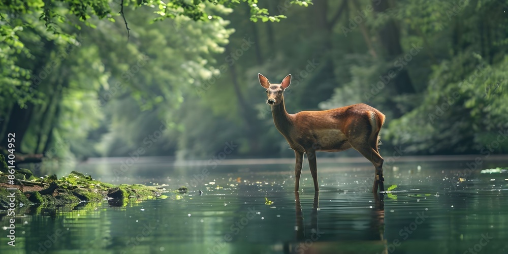 A peaceful deer in a verdant forest beside a tranquil lake. Concept Nature, Wildlife, Tranquility, Deer, Forest A peaceful deer in a verdant forest beside a tranquil lake. Concept Nature, Wildlife, Tranquility, Deer, Forest