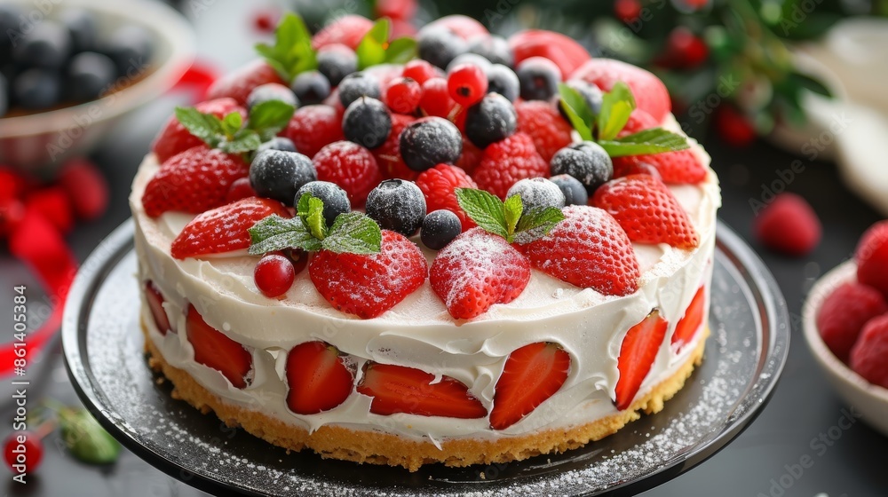 Holiday table setting with christmas cake and fresh fruits for festive celebration Holiday table setting with christmas cake and fresh fruits for festive celebration