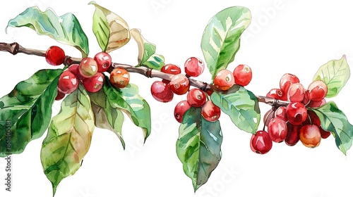 Watercolor painting of Coffea canephora plant with cherries, isolated on white, artistic style photo