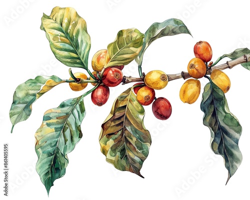 Artistic depiction of Coffea canephora plant elements, isolated on white, mixed media photo