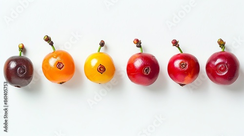 Close-up of Coffea canephora berries, showing different stages of ripeness, isolated on white photo