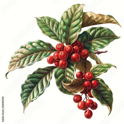 Coffea canephora plant with both ripe and unripe cherries, detailed illustration, white background photo