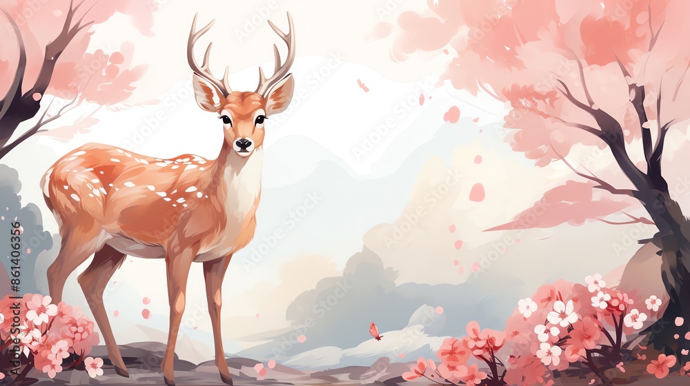A majestic deer stands proudly in a serene springtime forest, surrounded by blooming pink flowers. A majestic deer stands proudly in a serene springtime forest, surrounded by blooming pink flowers.