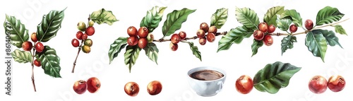 Isolated Coffea canephora plant with various elements in focus, white background, detailed illustration photo