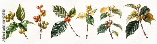 Isolated Coffea canephora plant with various elements in focus, white background, detailed illustration photo