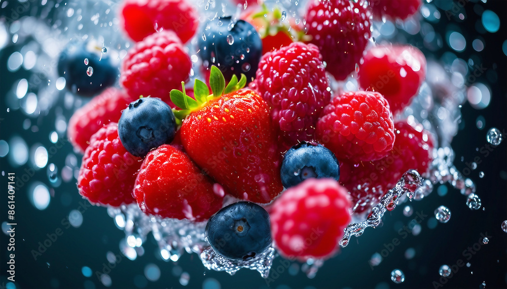 Berries in a splash of water. Strawberries, raspberries, blueberries in water on a dark Berries in a splash of water. Strawberries, raspberries, blueberries in water on a dark