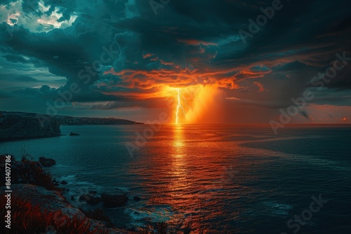 A striking lightning bolt pierces through the sky over an expansive ocean during a dramatic sunset, creating a breathtaking scene with vibrant colors and dynamic energy.