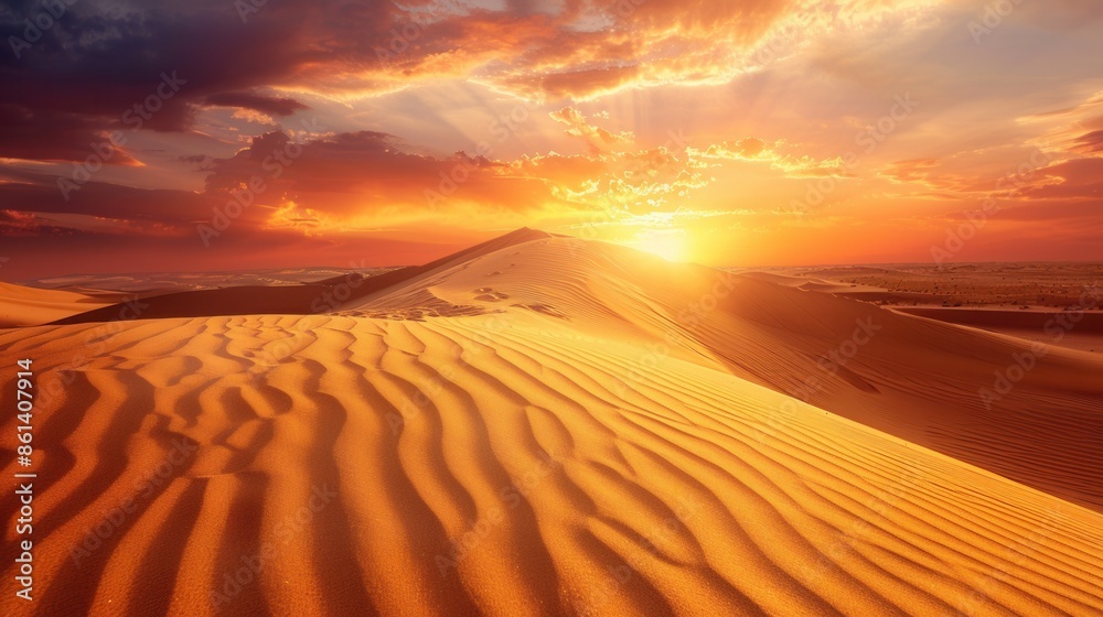 A breathtaking view of sand dunes bathed in the warm glow of a golden sunset, with vibrant colors painting the sky. Generative AI A breathtaking view of sand dunes bathed in the warm glow of a golden sunset, with vibrant colors painting the sky. Generative AI