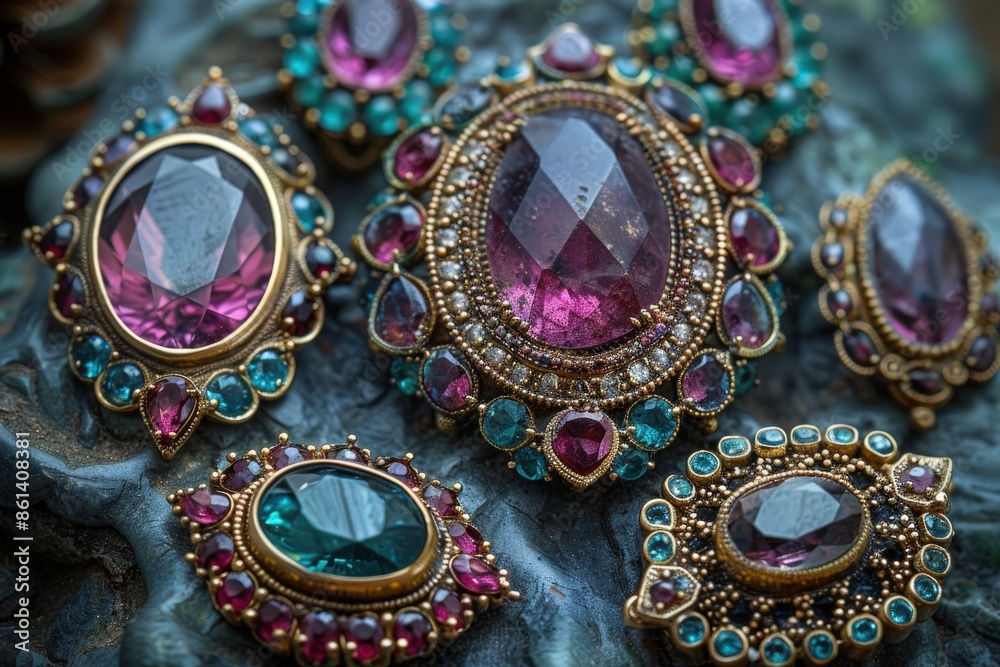 A detailed close-up of an assortment of vintage jewelry showcasing gems with intricate designs placed artistically on an ornamental background, exuding elegance and charm. A detailed close-up of an assortment of vintage jewelry showcasing gems with intricate designs placed artistically on an ornamental background, exuding elegance and charm.