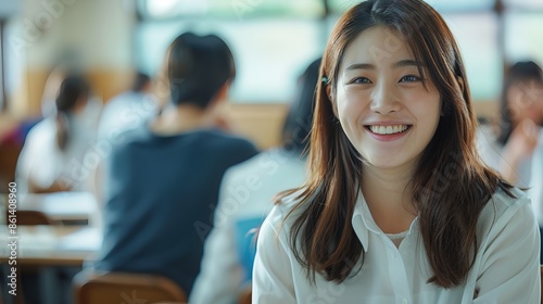 Happy korean woman high school students talking in class