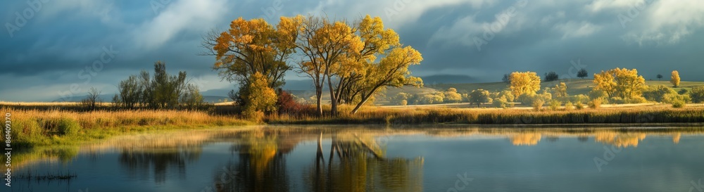 autumn tree shrub at pone side with pastoral landscape beautiful scenery of autumn nature landscape background whimsical ethereal mood autumn tree shrub at pone side with pastoral landscape beautiful scenery of autumn nature landscape background whimsical ethereal mood