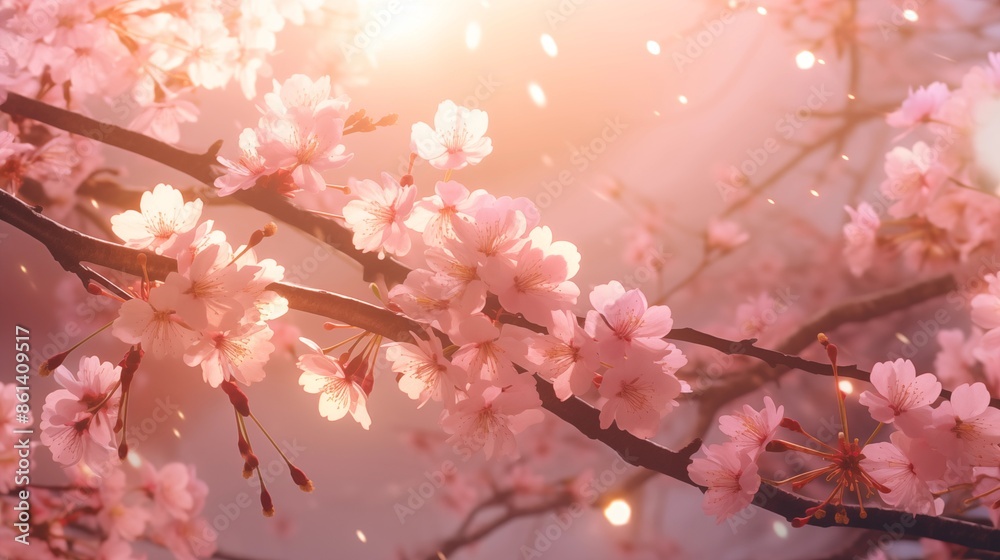 Fototapeta premium A captivating generative AI-generated image of cherry blossoms bathed in soft, warm light, invoking a dreamlike spring ambiance.