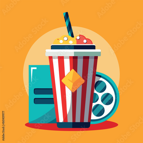 Movie tickets and paper with realistic symbols straw-equipped soda glass
