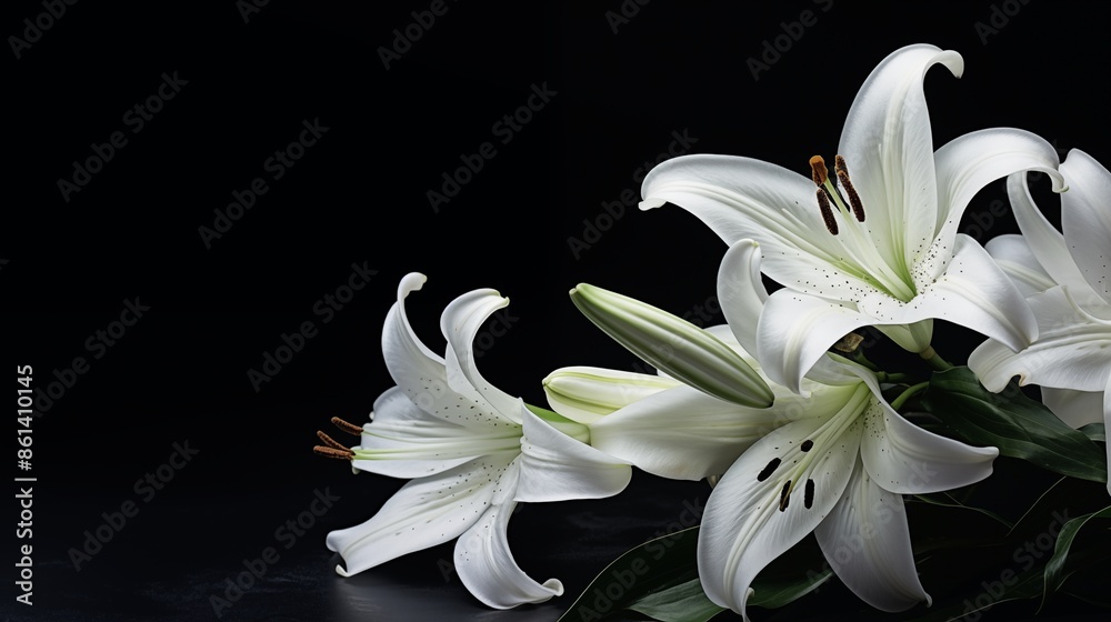 A banner with a dark background and white lily flowers. mourning is depicted through the imagery. Remembering and mourning are emphasized. The photo has a close-up, side view with selective focus