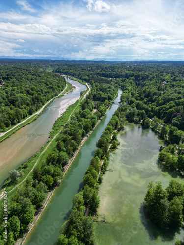 The Isar river flows into the city of Munich aerial view