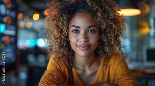 Woman With Curly Hair Smiling in a Cafe
