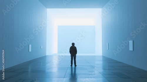 A solo visitor contemplating art at the contemporary museum in Shanghai, China photo