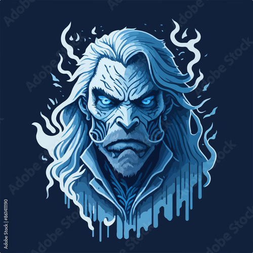 A menacing white walker, an icy demon warrior, stands amid swirling frost. Its glowing blue eyes pierce the frigid air, and icy armor gleams in the moonlight.